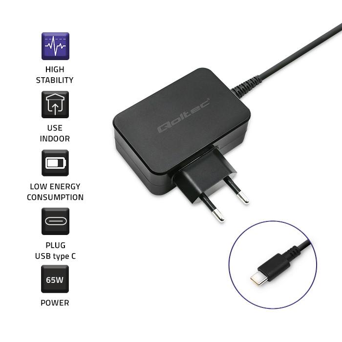 Qoltec Ładowarka sieciowa 65W | 5-20V | 3-3.25A | USB typ C | PD | Laptop | Smartfon | Czarna