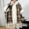 Cloak Shawl Wool Jacket Women'S Winter Hooded Medium Long Fleece Thickened Versatile Plaid Fringed Cloak Coat