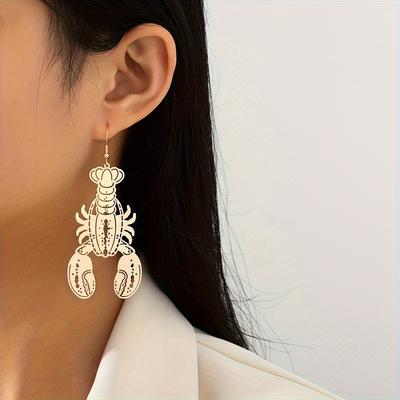 A Pair of Personalized Alloy Hollow Design Lobster Pendant Earrings Cartoon Funny Ocean Wind Beach Party