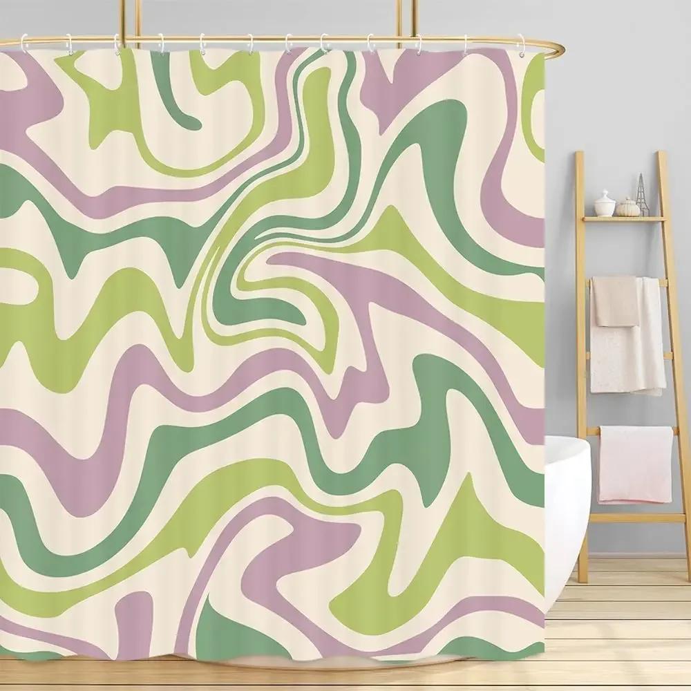 Pink Shower Curtain, Aesthetic 80 S Abstract Wave Swirl Cute Beige Shower Curtain, Retro Simple Bathroom Accessories