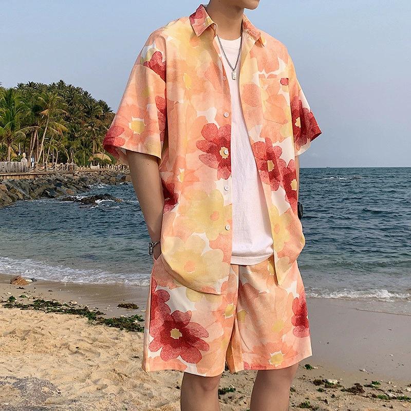 

Summer Men Beach Shorts Set Matching Shirts Letter Striped Floral Printing Outfits Short Sleeve Elastic Waist Thin Oversize Suit Man 5XL помаранчевий