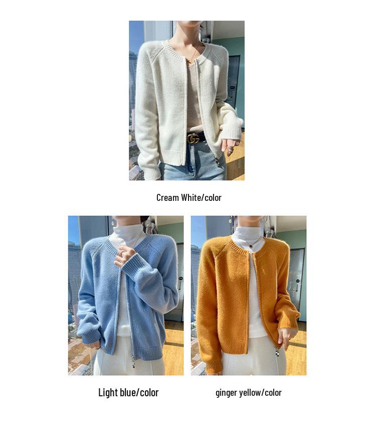 Korean Style Retro Round Neck Knit Cardigan for Women - Petite Autumn High Waist Zip Sweater