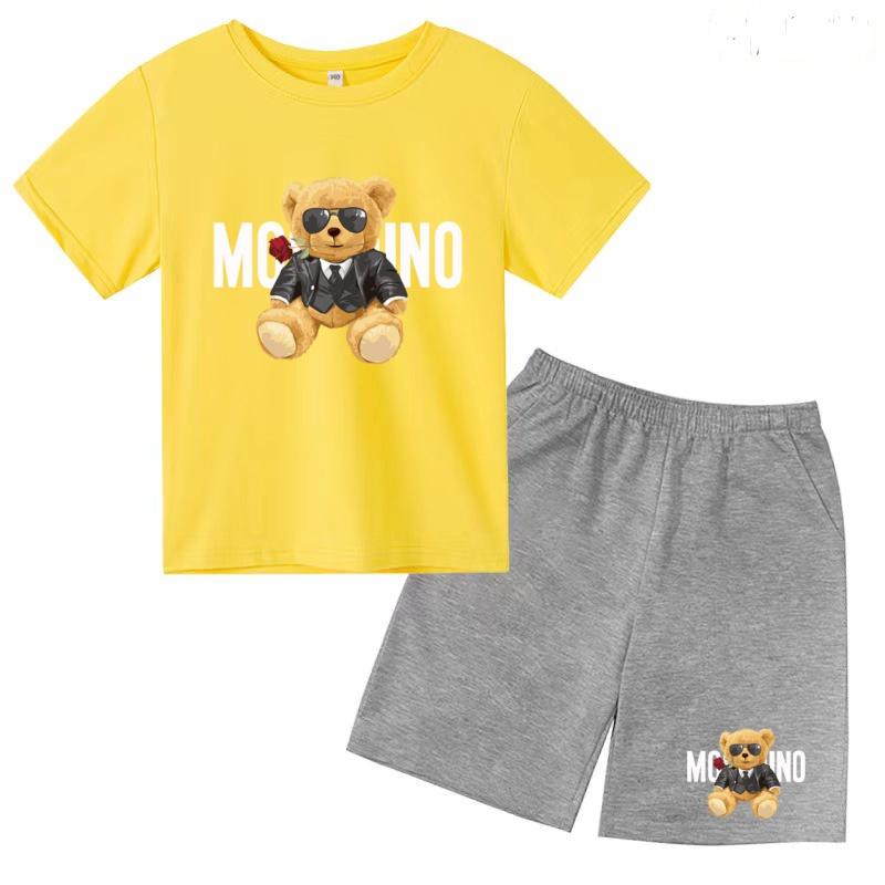 Children Summer Charming Rose Letter Bear Print T-shirt+Shorts Set Boys Girls Casual Toddler Sports First Choice Clothes