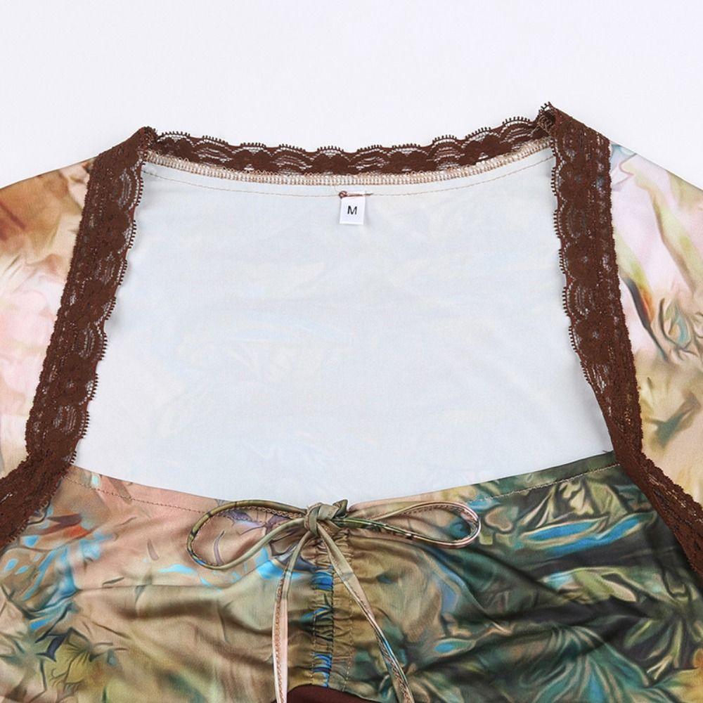 Long Sleeves Transparent Flower T-shirt Pleated Slim Crop Tops V-neck Printing Corset  Travel