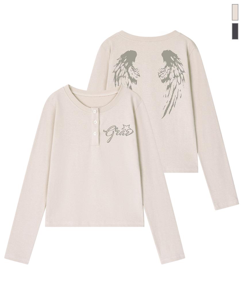 GRAVER [Unisex]Wings Henley Neck Long Sleeve T-Shirt_2 Colors