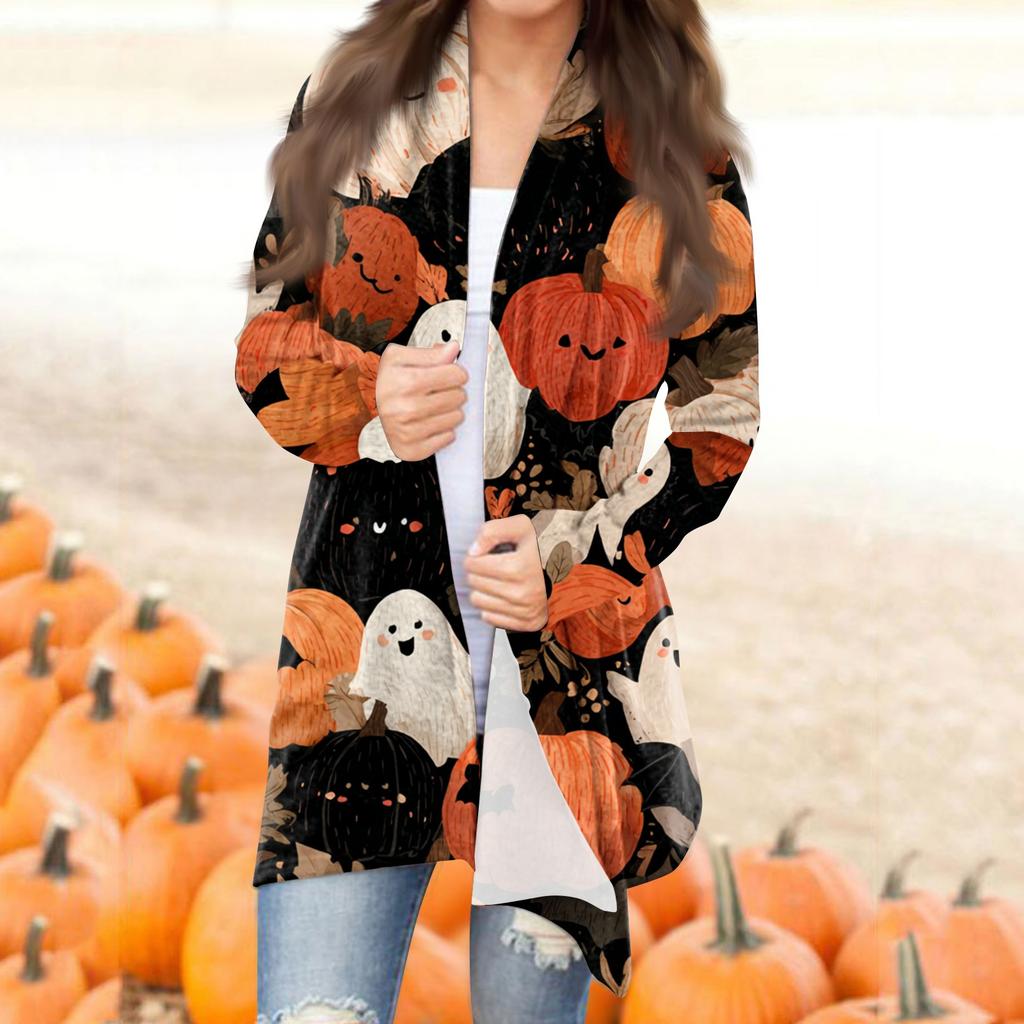 Women's Fashion Casual Halloween Printed Mid-Length Irregular Hem Cardigan Jacket