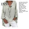 Breathable Cotton Linen Top Women Shirt V-Neck Long Sleeve Mid-length Casual Tops Solid Color Loose Fit Tee Daily Wear Fitting Blouse