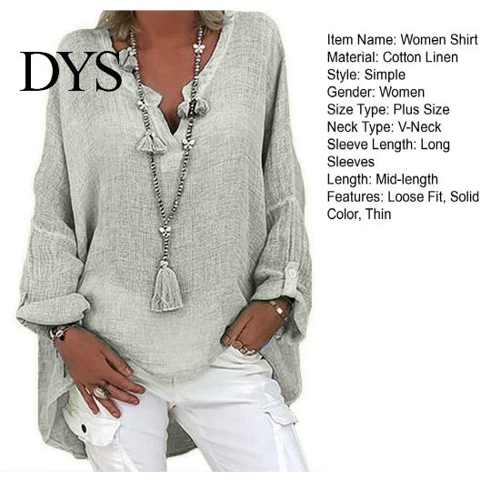 Breathable Cotton Linen Top Women Shirt V-Neck Long Sleeve Mid-length Casual Tops Solid Color Loose Fit Tee Daily Wear Fitting Blouse