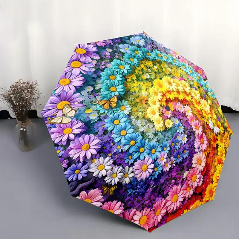 

Automatic Folding Umbrella with a Spiral Rainbow Flower and Butterfly. Portable Foldable Design, Casual Outdoor Accessory, for Iron&8K