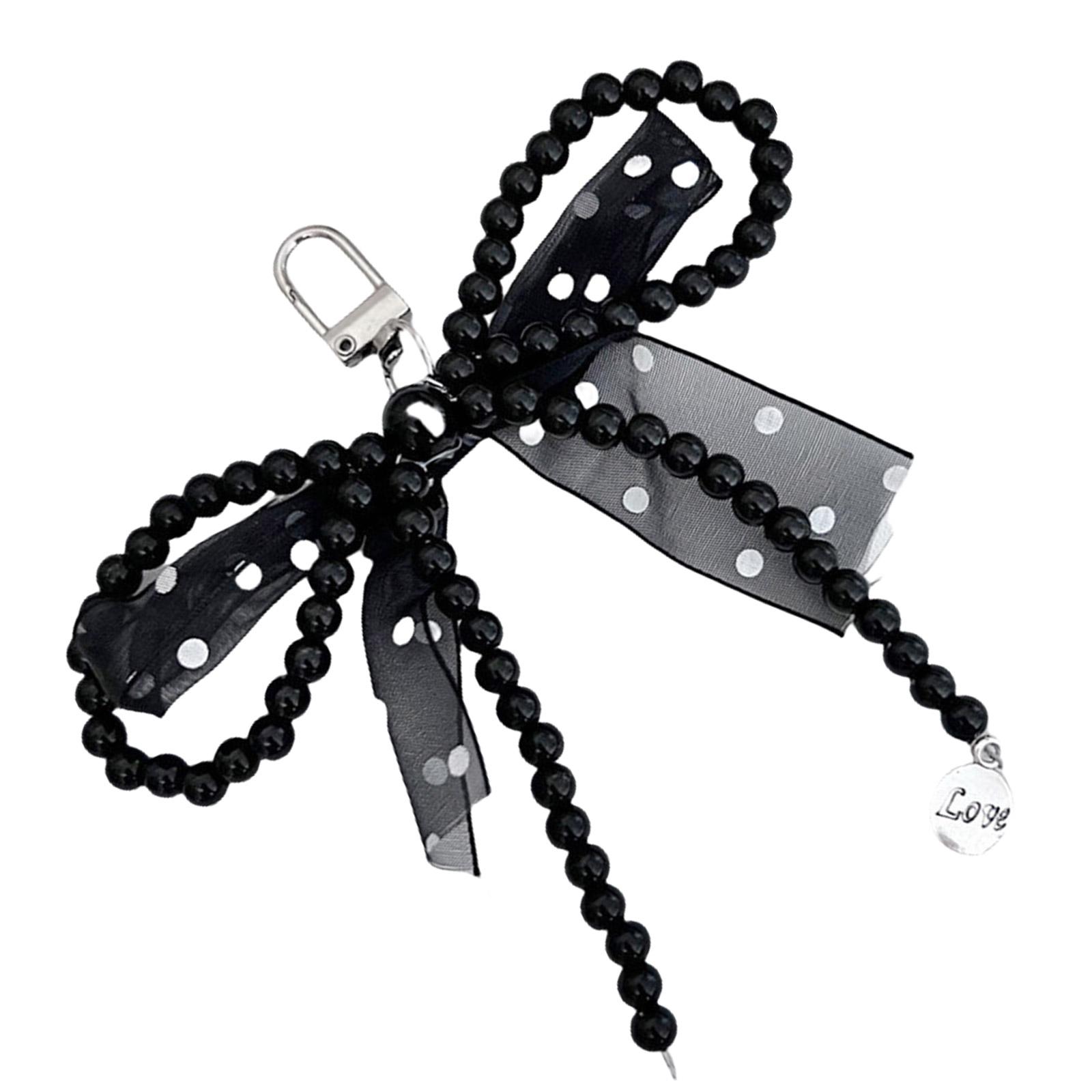 

Ручная работа Ленточный брелок с бантиком в горошек, Шарм с узлом-бабочкой из искусственного жемчуга для кошельков и сумок, Стильный брелок чёрный