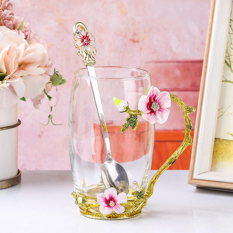 Enamel Color Flower Teacup Household Glass Afternoon Tea Water Cup Light Luxury Crystal Cup High Temperature Resistant Cup
