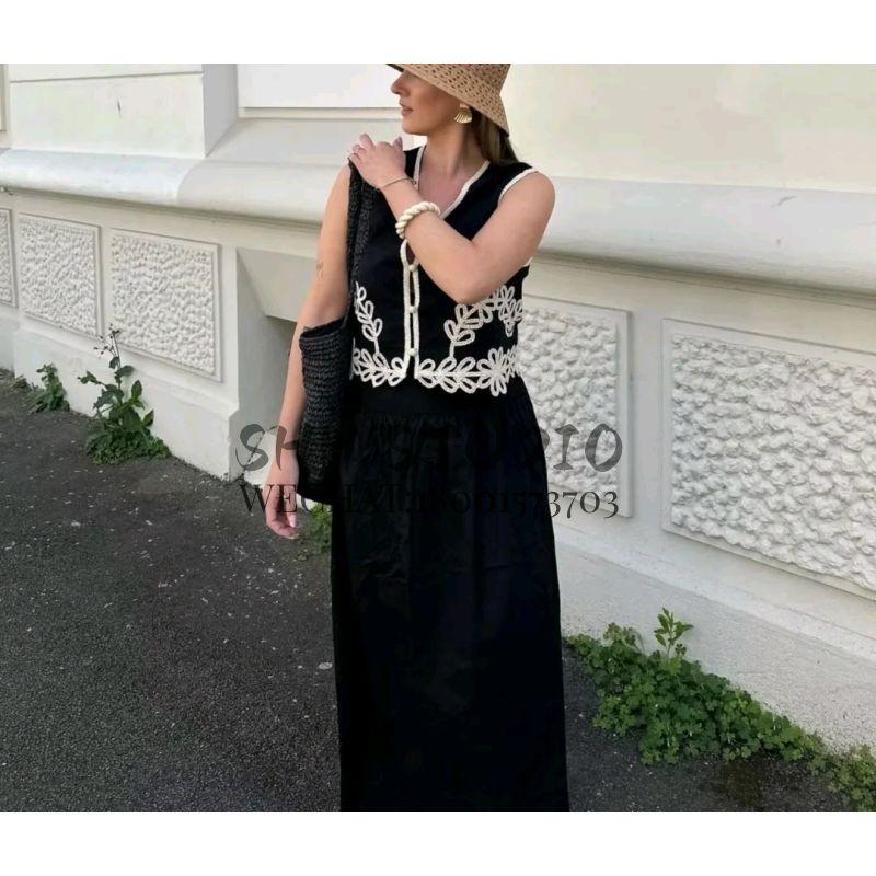 Spring New Design Sense Retro Short V-neck Embroidered Vest High Waist Wide Leg Casual Embroidered Trousers