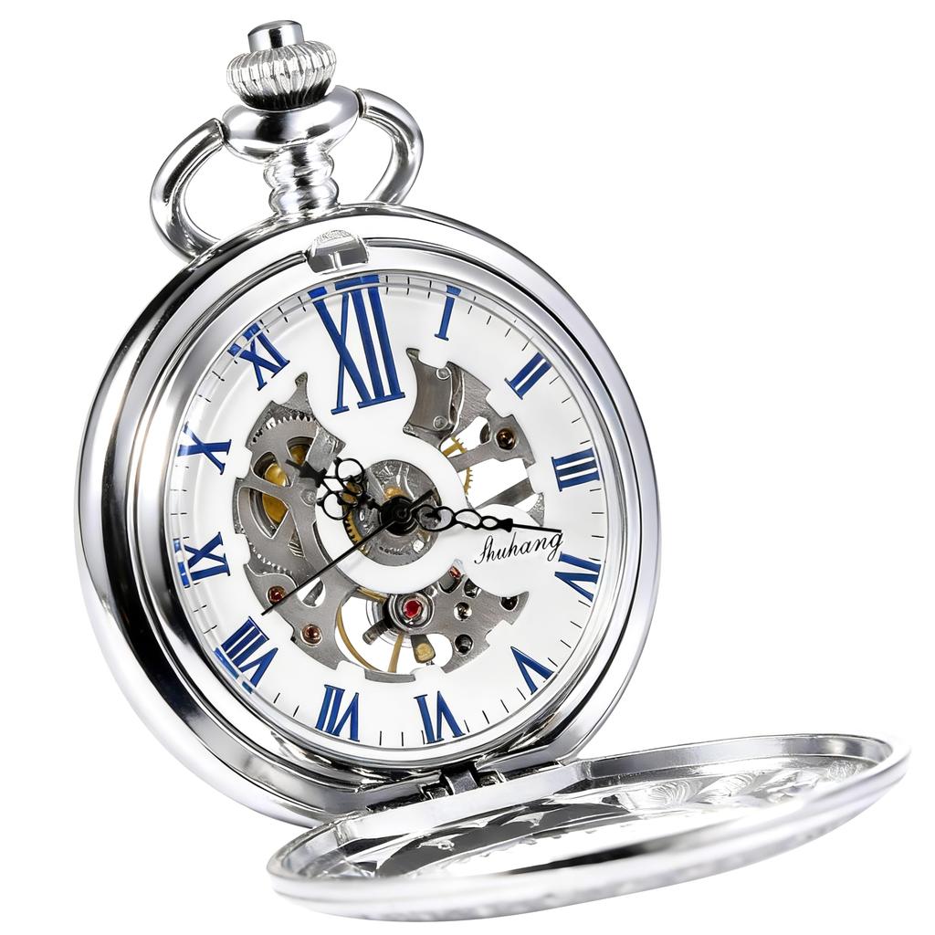TREEWETO Mechanical Pocket Silver Flower Roman Numerals Watch, Hollow, Vine, Skeleton,