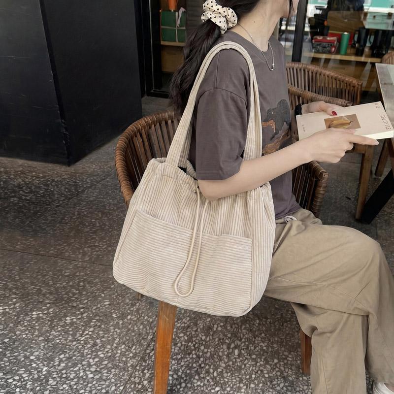 Solid Color Lightweight Corduroy Drawstring Tote Bag Large Capacity Shoulder Tote Bag