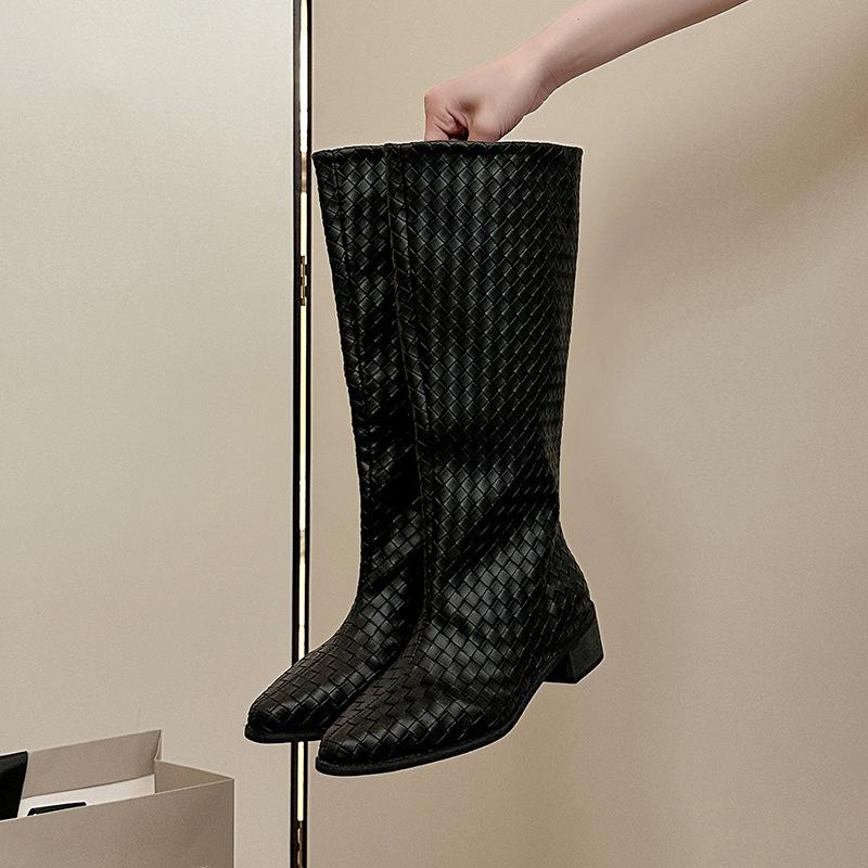 Design sense woven boots women's summer new versatile fashion big tube circumference thick heel boots