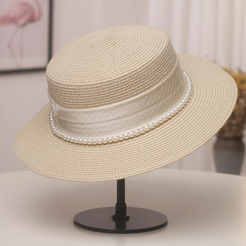 Pearl Straw Hat Women's Summer Retro Flat Top Small Fresh Top Hat Shading Sun Protection Beach Hat Traveling by the Sea