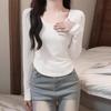 Cotton U-neck Long-sleeved T-shirt Women's Spring Solid Color Slim-fitting Bottoming Shirt with Short Top Inside