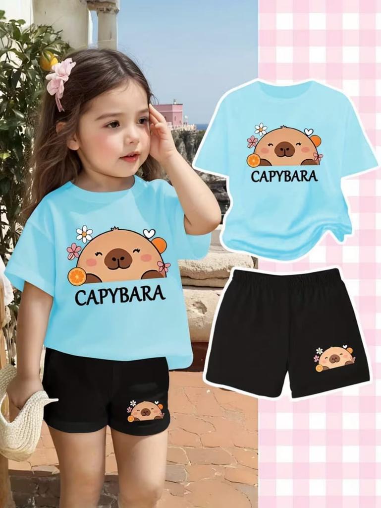 Cartoon Capybara Funny Print Boy Girls Short Sleeved T-Shirt Casual Shorts Children's Set Summer Casual Suit 2 Piece Tracksuits