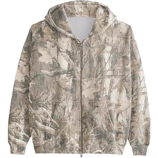 Women's Men's Camo Zip Hoodie Maple Leaf Print Oversized Hooded Sweatshirt Wool Long Sleeve Jacket
