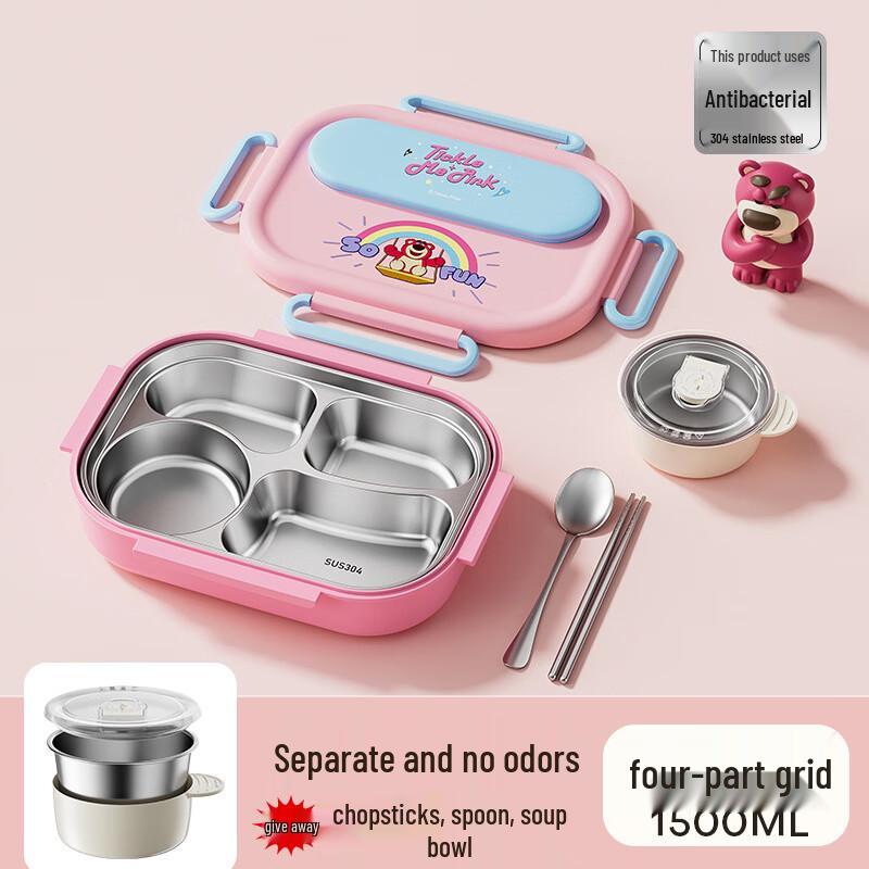 DM 304 Stainless Steel Strawberry Bear Insulated Divided Lunch Box Set
