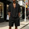 Conjunto Deportivo Casual para Hombre: Conjunto de Dos Piezas de Camiseta de Punto de Color Sólido con Cuello en V Profundo y Pantalones Cortos de Verano