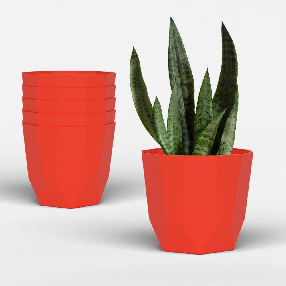 Hexa 8 Inch Pack of 6 Piece Plastic Plant Pot for Home Decor Indoor Plant Pots for Living Room Plastic Flower Pot for Garden (Red)
