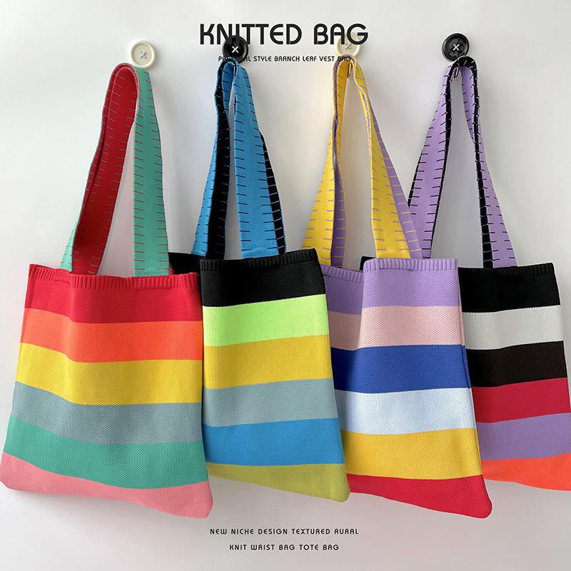 

Women s Rainbow Knit Shoulder Bag - Versatile, Large Capacity Tote for Spring/Summer