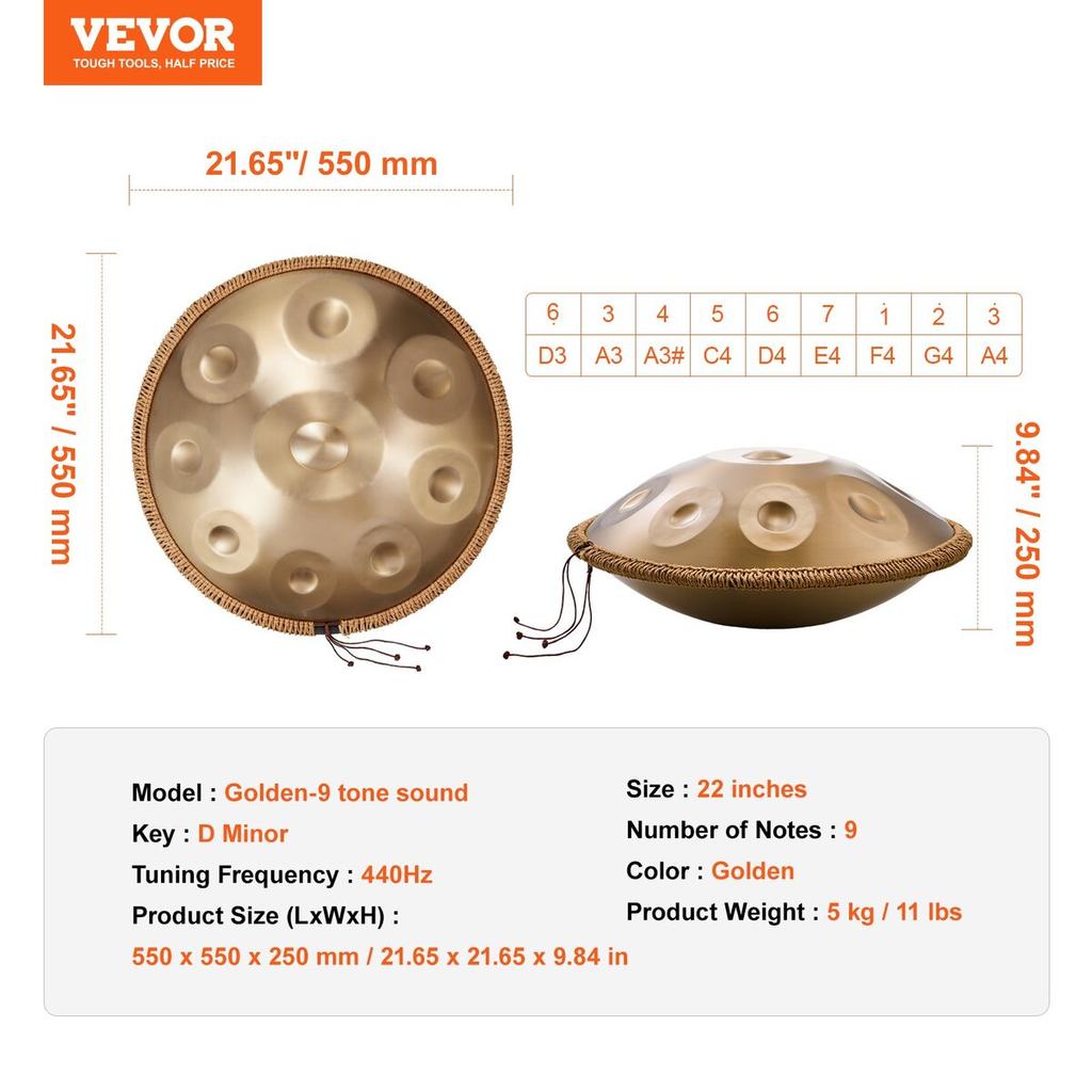 Handpan Drum 22 In 9 Notes D Minor Steel Hand Drum with Mallets for Adult