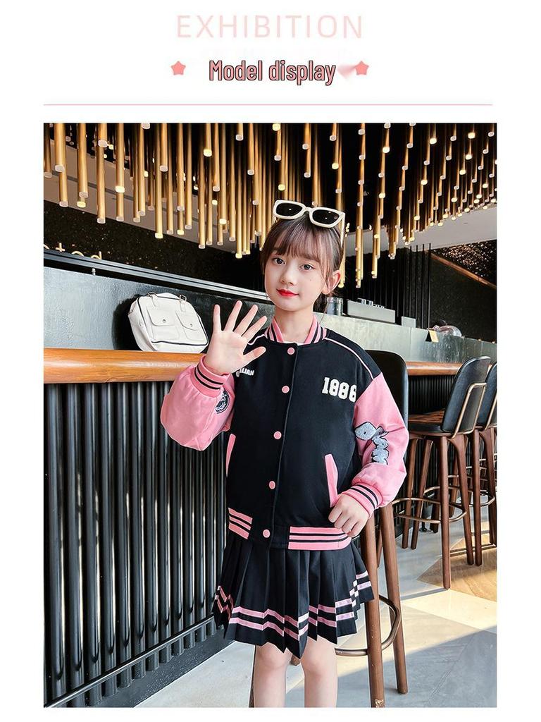 Trendy Korean-Style Baseball Uniform for Girls - 2025 Spring & Autumn Pleated Skirt, College Style for Middle & Large Children