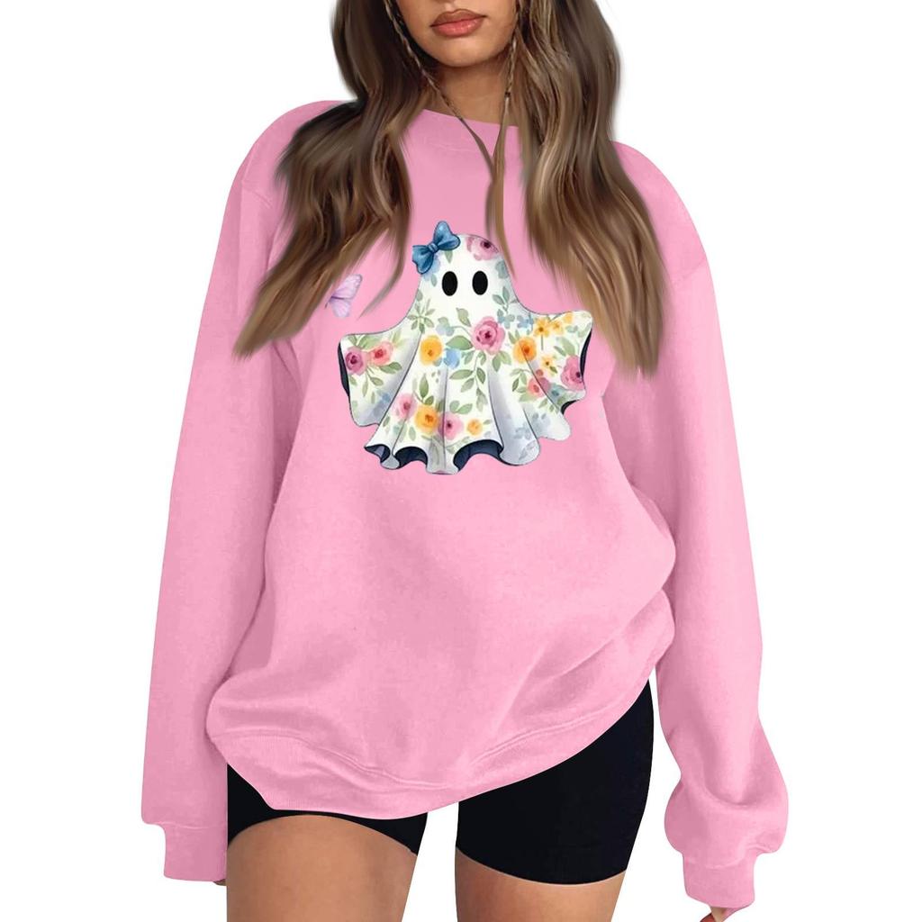 Women's Long Sleeve Neck Sweatshirt Loose Fit Casual Pullover Top, Color and Halloween Small Print