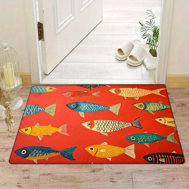 1pc Vibrant Fish Pattern Door Mat - Non-Slip, Absorbent, Machine Washable Polyester Area Mat with Colorful Fish Design On Red Ba