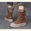 Johnature Genuine Leather Warm Plush Mid-calf Boots Casual Thick Soled Side Zipper Women's Boots