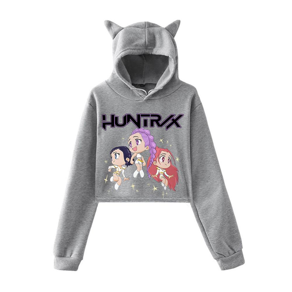 KPop Demon Hunters Tegneserieprintet Hettegenser med Katteører Dame Langermet Cropped Sweatshirts Kvinnelig Casual Streetwear Cropped Topper