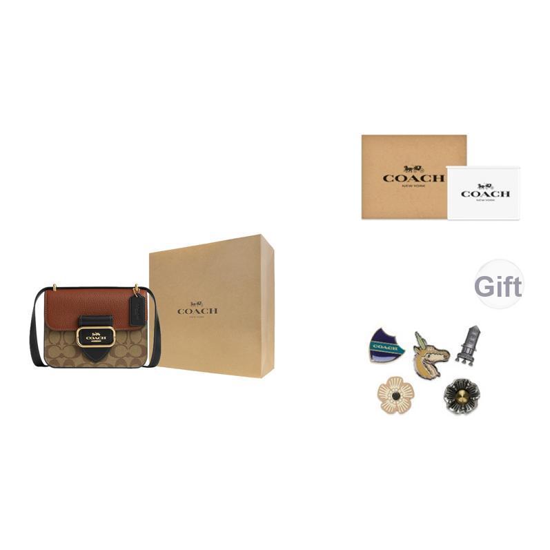Coach Morgan 18 Color Block Signature Square Vintage Canvas And Leather Messenger Bag Women bags Khaki Brown CL462-IME7V