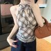 Pleated Halter Sleeveless Camisole Plaid Stripe Suspender Vest Slim Crop Tops  Spring Summer