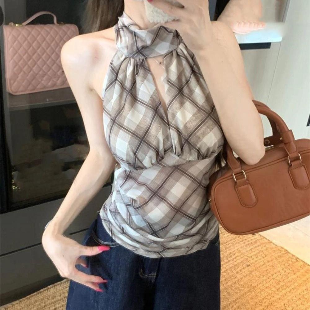 Lace Up Halter Sleeveless Camisole Plaid Stripe Suspender Vest Fashion Slim Crop Tops Travel