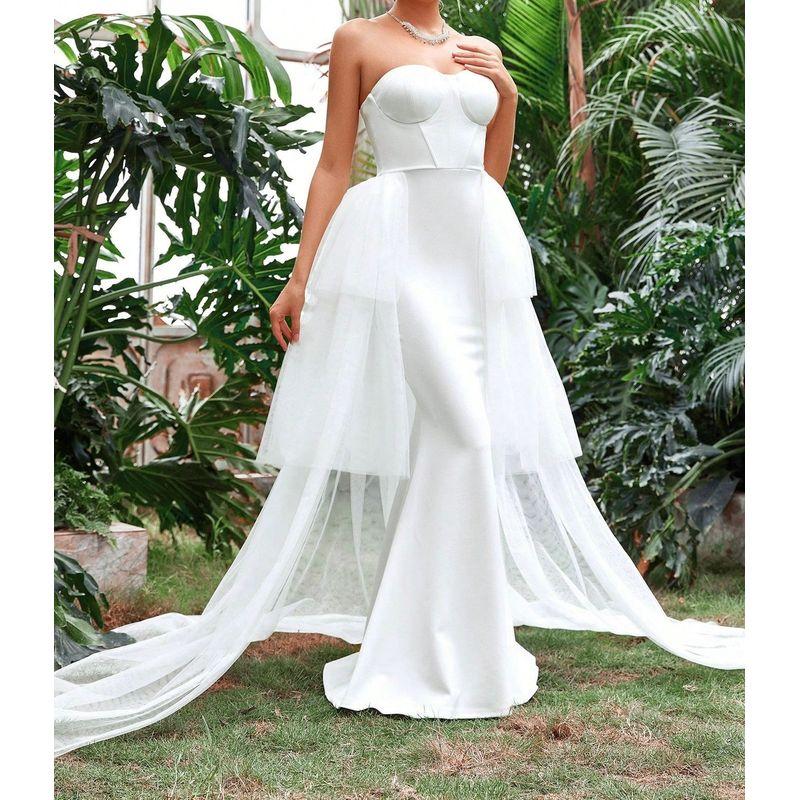Export Single Graceful and Fashionable Bandeau Sexy Adult Lady Like Woman Banquet Evening Gown Light Wedding Travel Shoot Mesh Trailing Dress