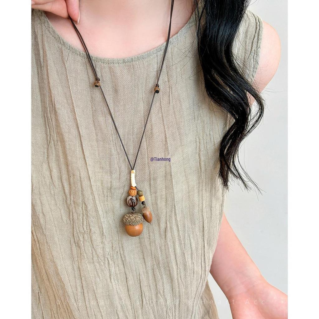 Zen Acorn Pendant Necklace: Ethnic Wooden Top Note with Plant Design for Women and Men