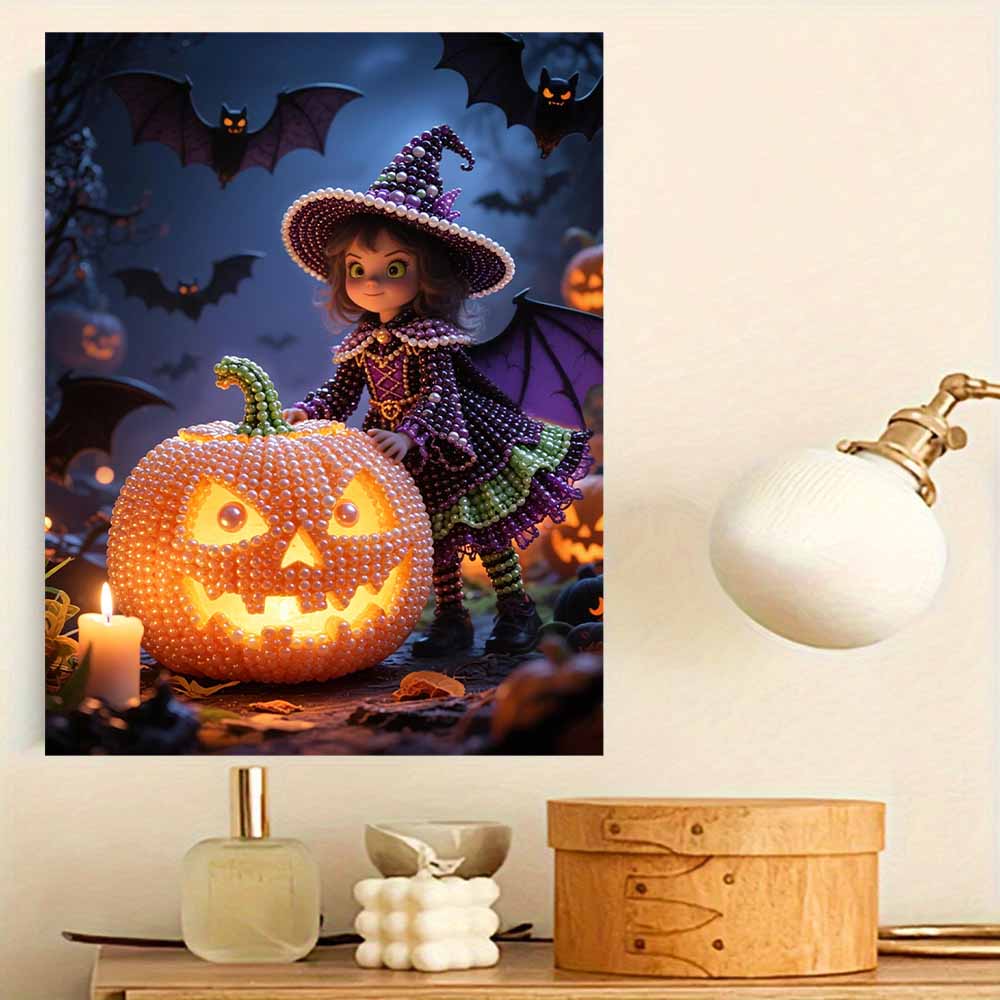 DIY rahmenloses Perlenkunst-Set Halloween-Hexe Kürbis-Design 3D-Perlenmalerei Leinwand Entspannendes handgemachtes Bastelset für Heimdekoration Wandkunst
