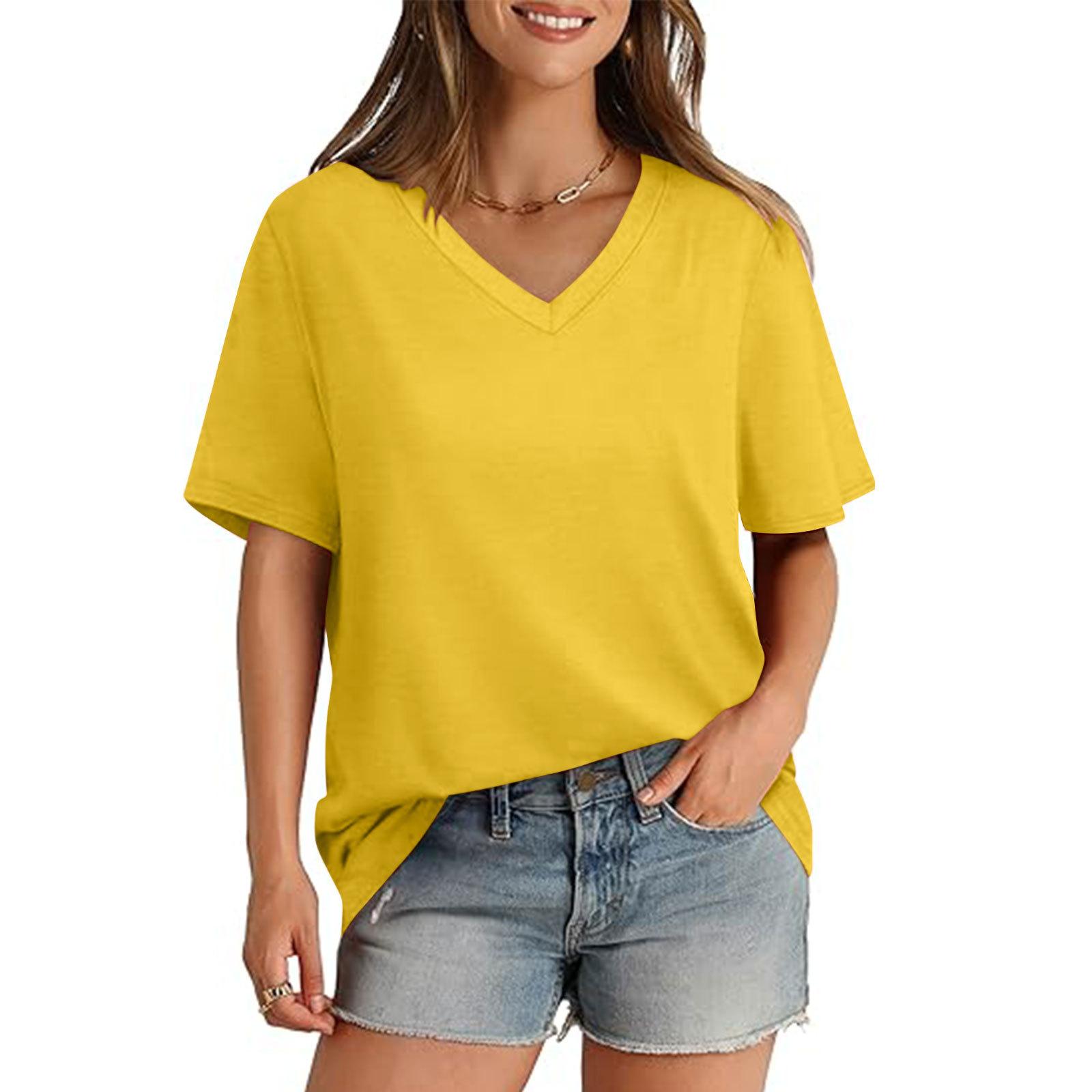 

Летний топ с V-образным вырезом однотонный модный повседневный с короткими рукавами женские футболки 5XL жёлтый