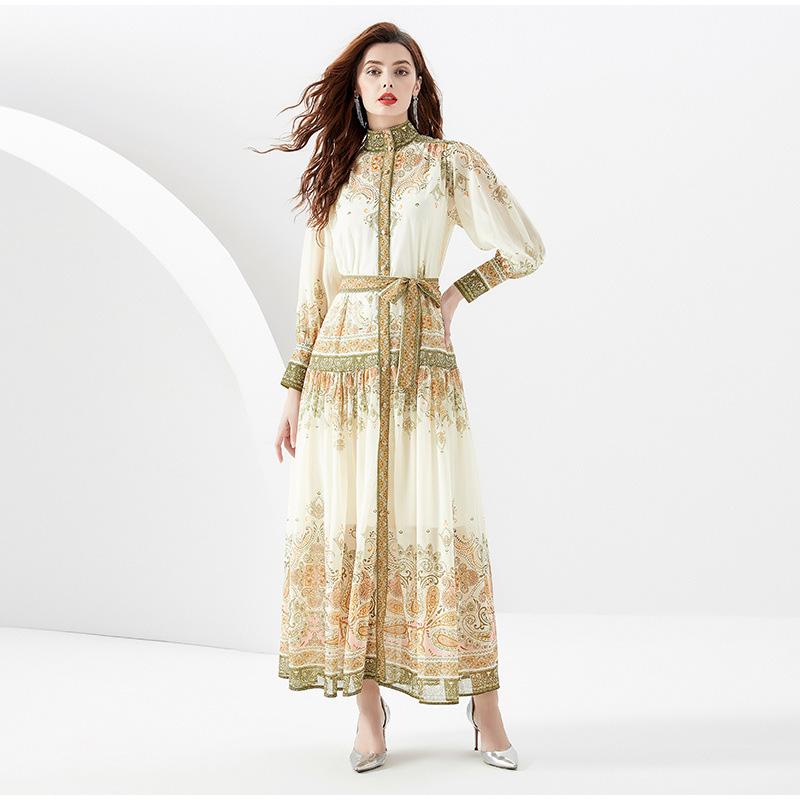 Spring New Style Women's Retro Vacation Style Stand-up Collar Lantern Sleeve Long Skirt Printed Dress Fashion Trend Beach Style Long Dress