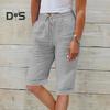 Damen Sommer Shorts Elastischer Bund Verstellbarer Kordelzug Freizeithose mit Taschen Einfarbig Lockere Passform Knielange Hose