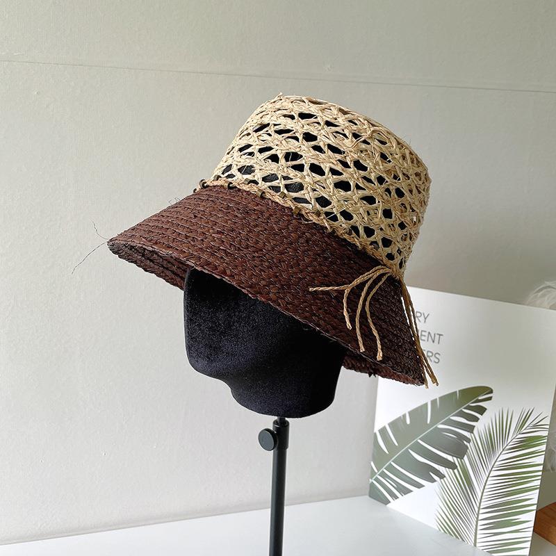 

RH New Style Fashion Hollow Lafite Natural Grass Hat Tourism Handmade Raffia Straw Fisherman Bucket Beach Straw Hat 55-58(adult size) коричневий