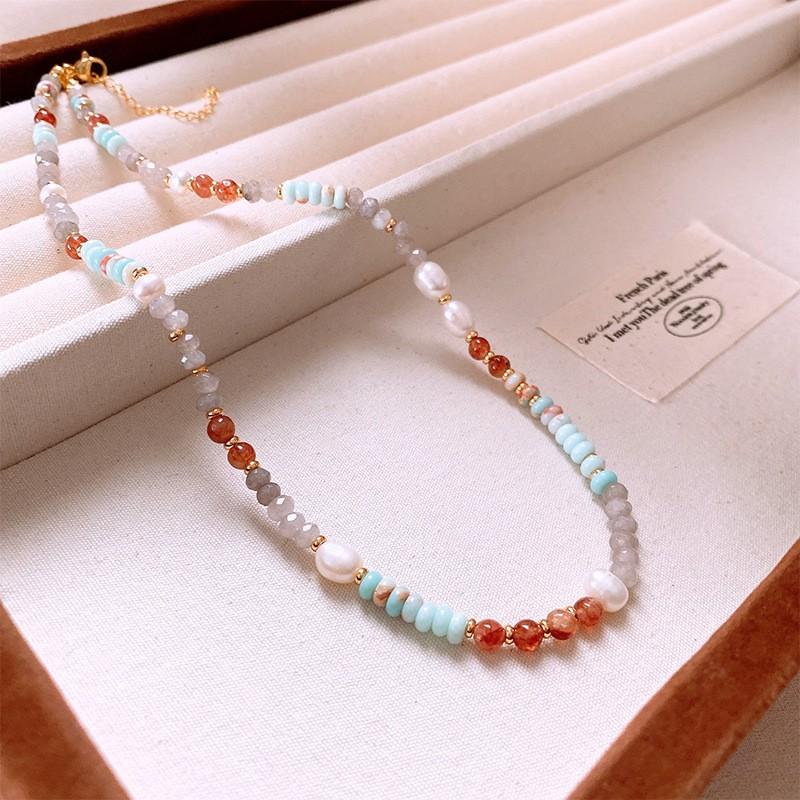 Korean fleece rope color artificial tiger's eye stone bag necklace niche design sweater chain retro necklace