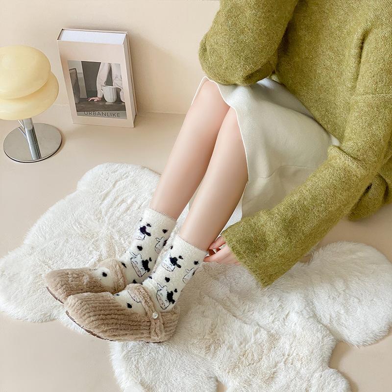 5 Pairs of Autumn and Winter Mink Velvet Cute Cartoon Women's Socks Warm Thickened Sleep Socks Floor Socks Mid-calf Padded Spotted Cow Socks