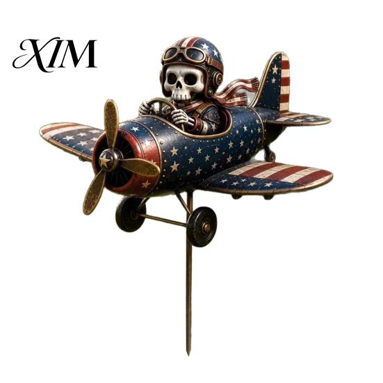 Hand Painted Outdoor Sculpture Metal Skeleton Pilot Airplane Wind Spinner with Ground Stake, Vintage American Flag Garden Yard Art for Rustic