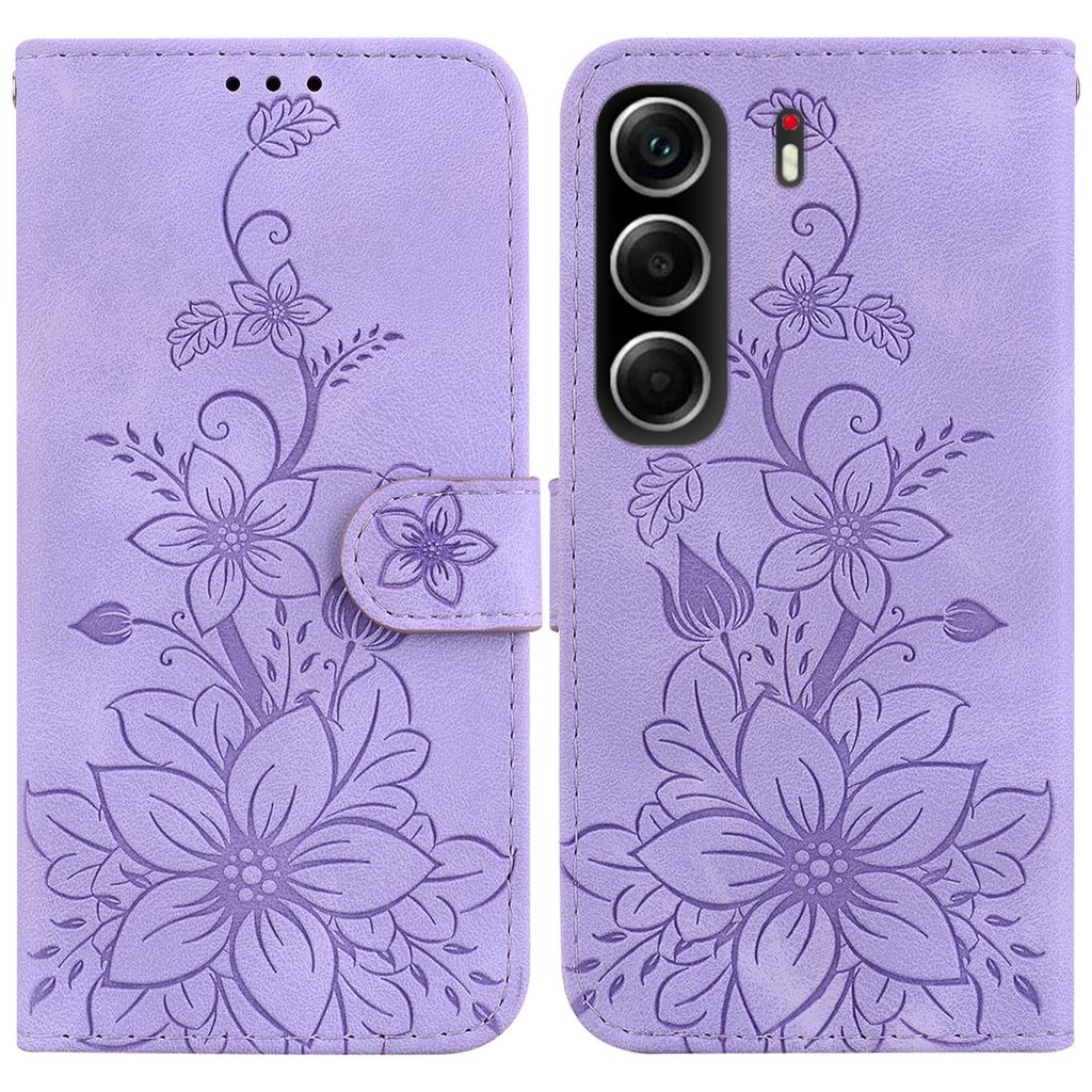 For TECNO Camon 40 4G Stand Case Lily Flower Imprint Leather Phone Cover with Wrist Strap