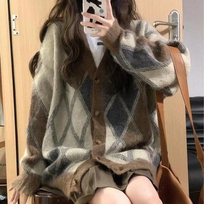 Cardigan Sweater Coat Women Spring and Autumn Lazy Wind Loose Japanese Retro Diamond V-neck Soft Waxy Knitted Sweater Female Top