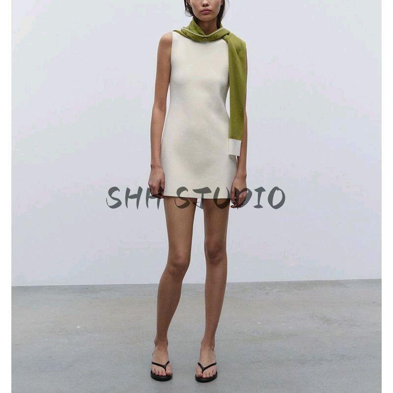 Spring New Women's Clothing Classic Style Plain Stitch A- Line Hem Sleeveless Round Neck Short Dress 9598019
