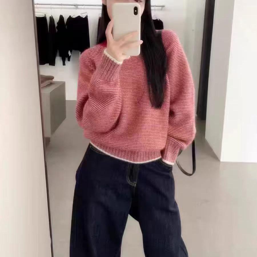 Korean Retro Striped Raglan Sleeve Knit Sweater - Women's Autumn/Winter Loose Slimming Round Neck Pullover